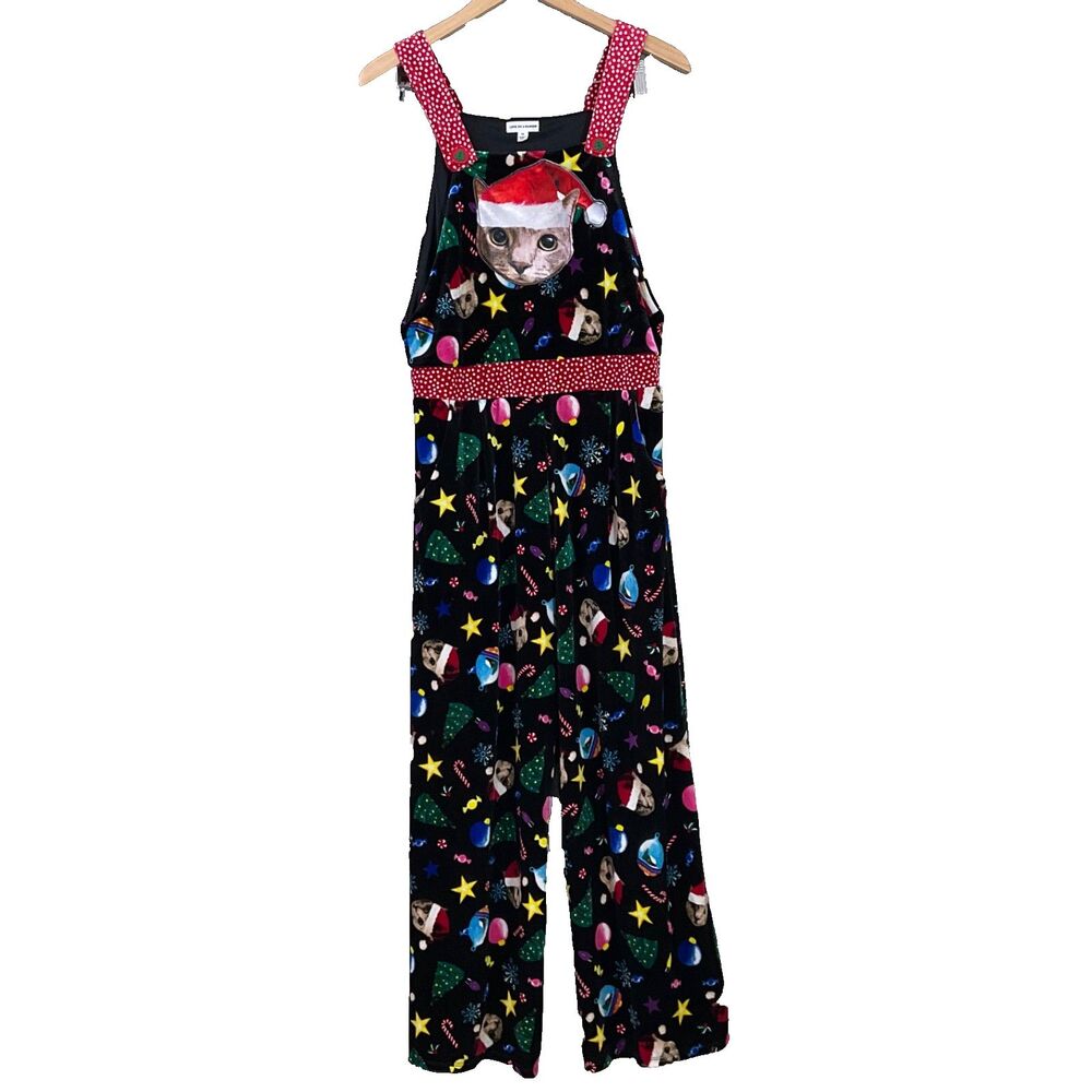 Love on a Hanger One Piece Christmas Bib Overalls Jumpsuit wms. M Holiday Cat